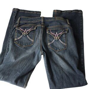 DKNY jeans slight flare low rise distressed flap button embroidered pocket 29x30